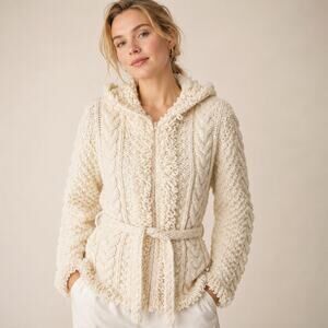 Indian Creations Hand Knit Wool Hooded Cardigan White Zip Cable Artisan Sweater
